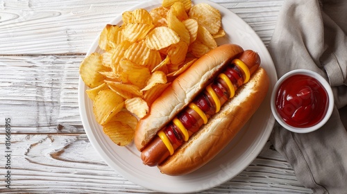 Hot dog with mustard, ketchup, and potato chips on a white plate. Top view.