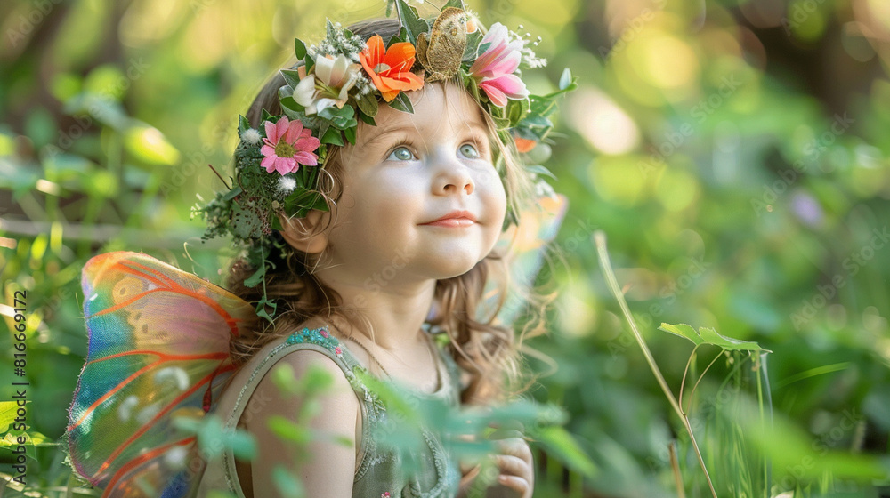 A child in a fairy costume with a flower crown in their hair, their eyes alight with wonder as they discover a hidden fairy garden. A child in a fairy costume with a flower crown in their hair, their eyes alight with wonder as they discover a hidden fairy garden.