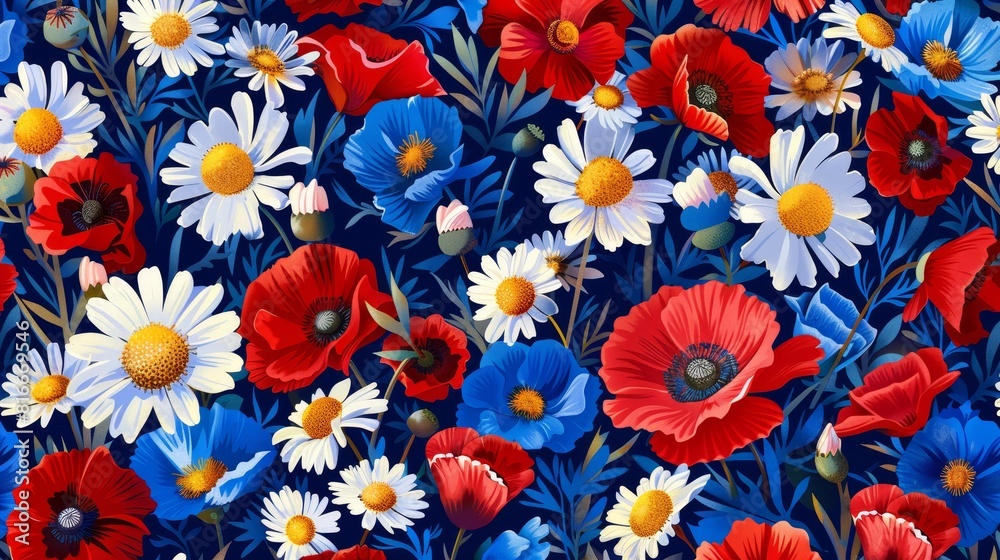 This pattern features chamomile and poppies flowers. This pattern features chamomile and poppies flowers.
