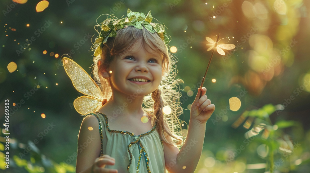 A child in a fairy costume with a wand in hand, waving it in circles as they weave spells of happiness and harmony into the world around them.