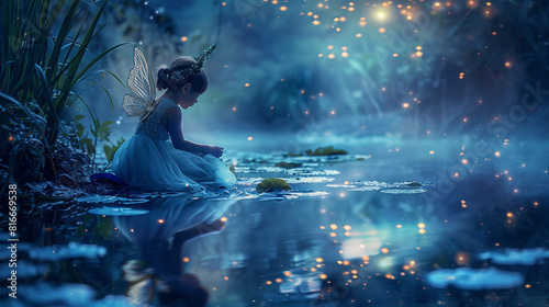 A child in a fairy costume sitting beside a tranquil pond, their reflection shimmering in the water as they make wishes upon the stars.