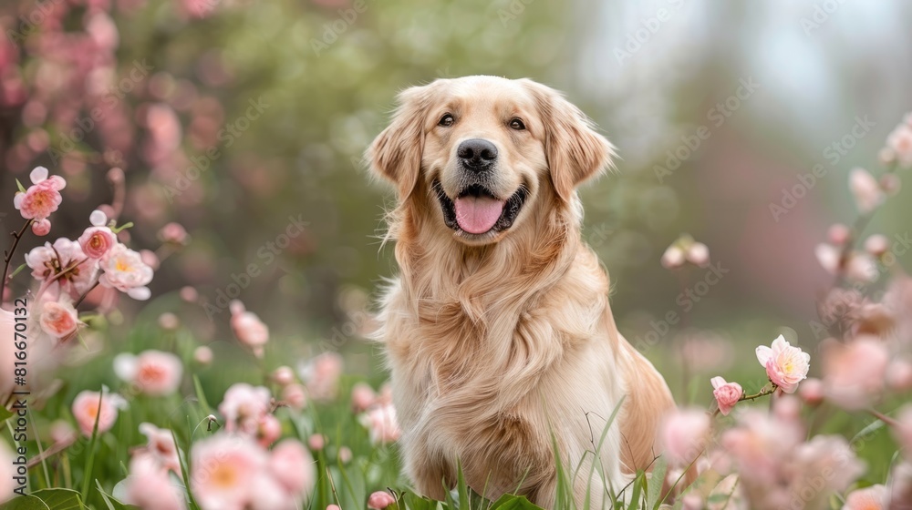 Golden retriever sitting in a field of pink flowers, looking happy and content. Golden retriever sitting in a field of pink flowers, looking happy and content.