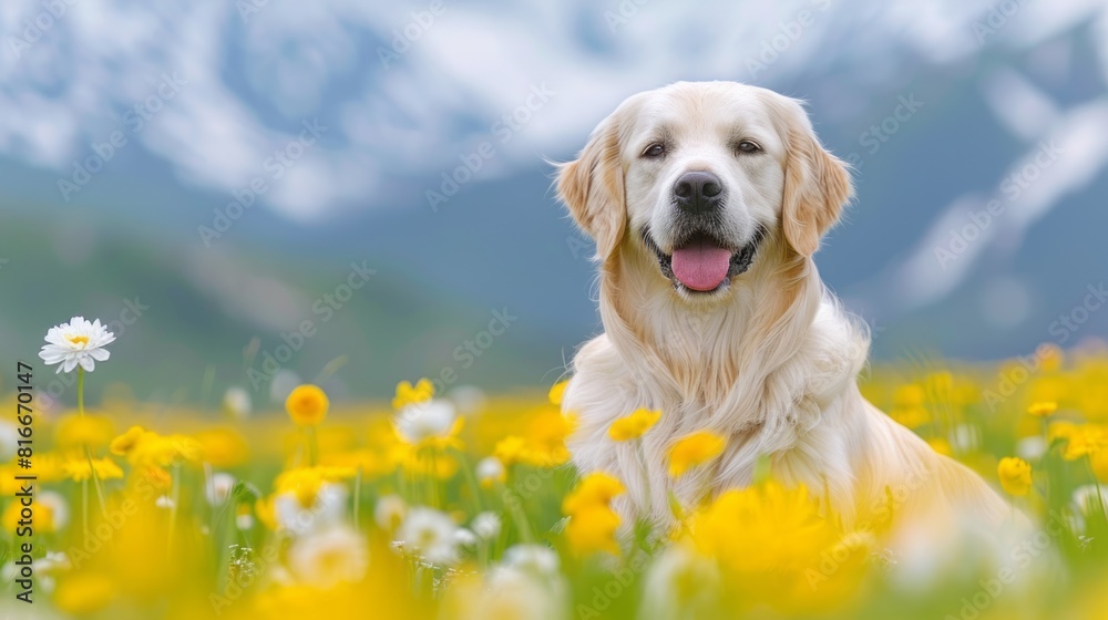 Golden retriever sitting in a field of yellow flowers, looking at the camera with a happy expression on its face. Golden retriever sitting in a field of yellow flowers, looking at the camera with a happy expression on its face.