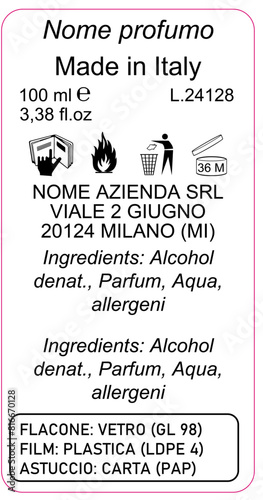 flacone 100ml etichetta PROFUMO PERSONA conforme al regolamento europeo