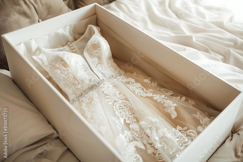 Beautiful luxury wedding dress in white box on bed, copy space. Bridal morning preparations. Wedding concept