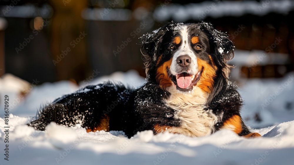 Bernese Mountain Dog lying in the snow and looking at the camera with a happy expression on its face Bernese Mountain Dog lying in the snow and looking at the camera with a happy expression on its face