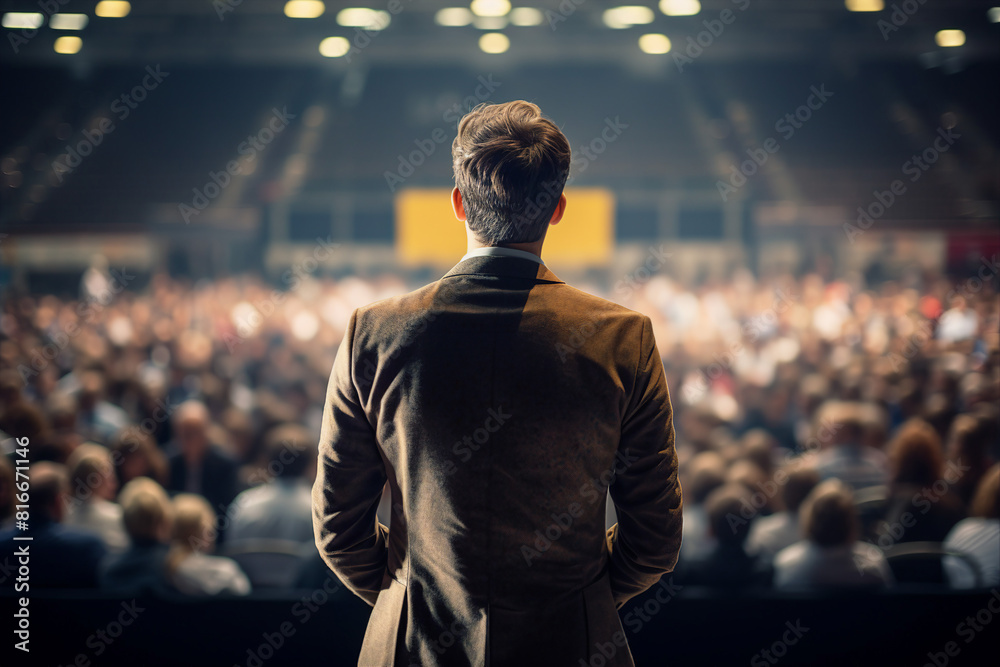 Generative AI illustration motivational speaker with microphone in hand in front of audience at conference room Generative AI illustration motivational speaker with microphone in hand in front of audience at conference room