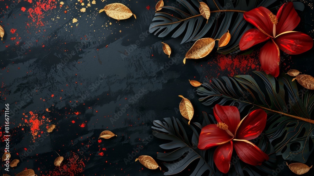 Stunning tropic rainforest jungle leaves, exotic red ixora flower, and golden paint smear watercolor design for wedding invitations and holiday sales.