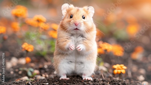 Cute Hamster standing on the ground with a curious expression surrounded by beautiful orange flowers.