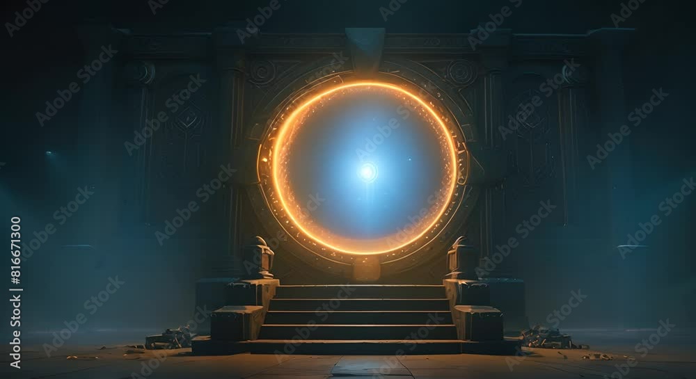 A mysterious shining portal leads to an unknown realm.