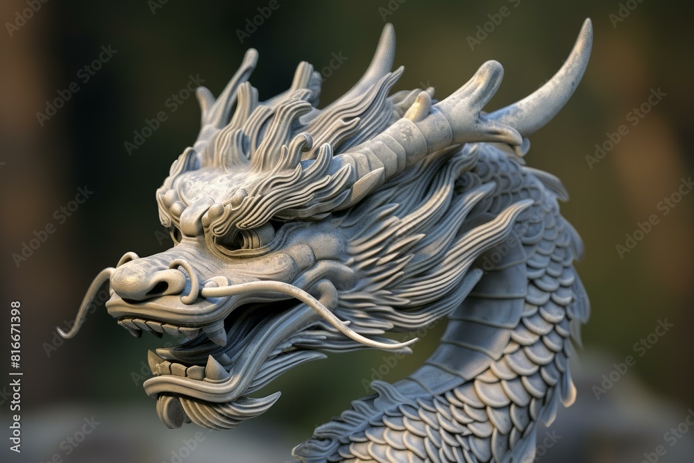 Detailed image of a majestic dragon statue with a focused view on its head Detailed image of a majestic dragon statue with a focused view on its head