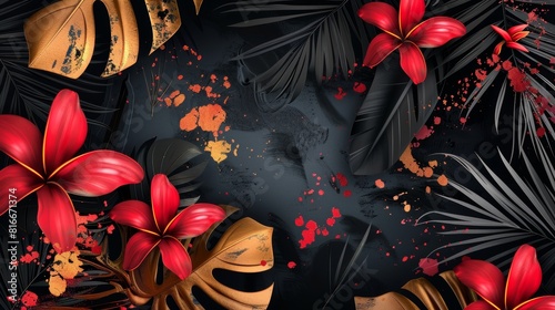 An illustration of a tropical black gold design on a dark background. The illustration shows a tropic rainforest jungle plant  an exotic red ixora flower  and some golden paint smears.