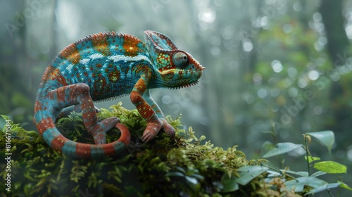 Misty Forest Encounter Chameleon s Multicolored Scales Perched on Moss 