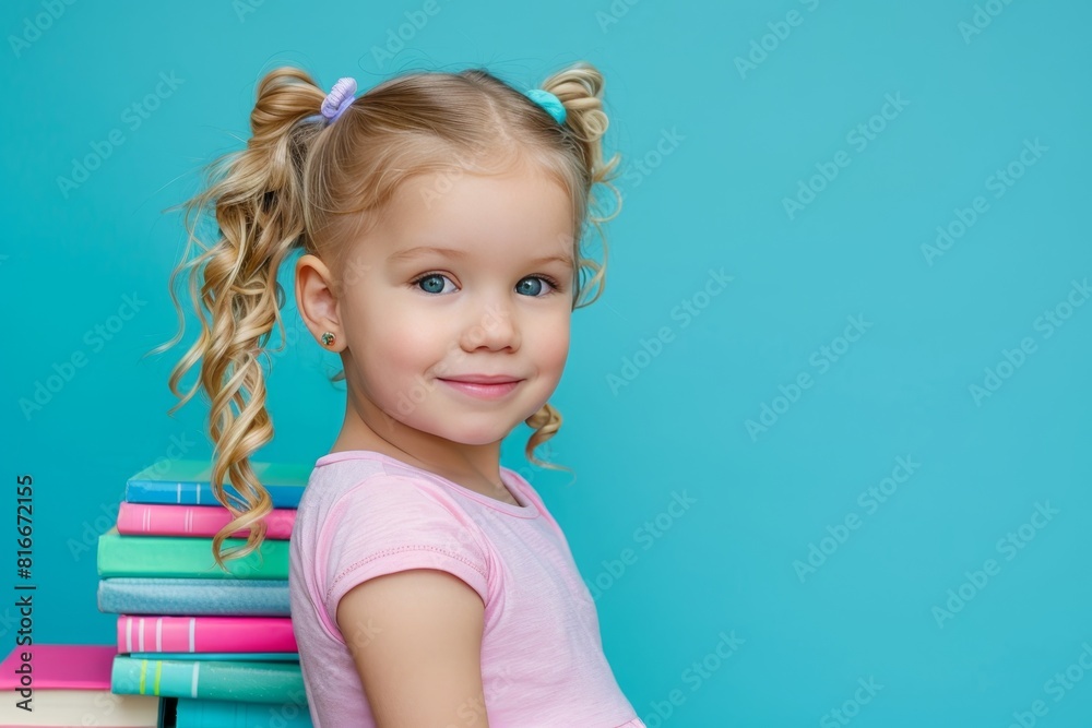 Cheerful girl with books on gradient background, ideal for text, copy space available Cheerful girl with books on gradient background, ideal for text, copy space available
