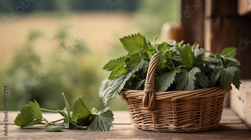 Freshly harvested nettles on the rustic wooden table, healthy countryside lifestyle concept.