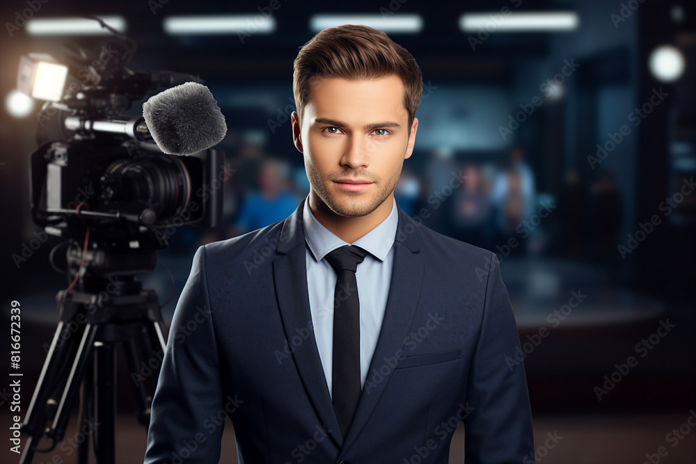 Professional reporter journalist in front of camera making breaking news reportage Generative AI picture