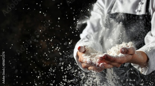 background chef hand clap with splash of white flour 