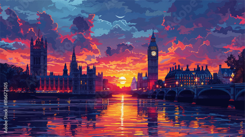 Illustration in vectorial of london city sunset  big ben and westminster palace on the background