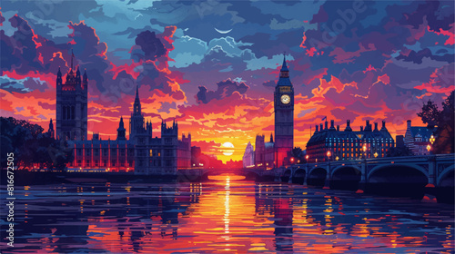 Illustration in vectorial of london city sunset, big ben and westminster palace on the background