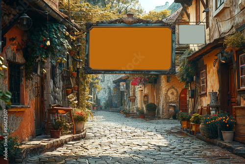 Vintage village street with a blank ornate billboard, perfect for quaint and charming advertising scenarios.
