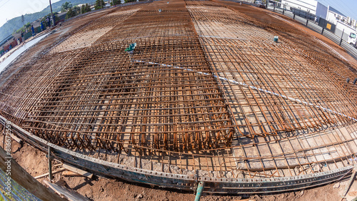 Construction New Building Floor Foundation Rebar Steel With Concrete Pouring Outdoors Engineering Project