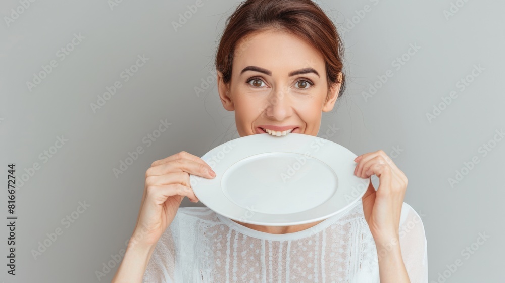 Woman Biting a White Plate Woman Biting a White Plate