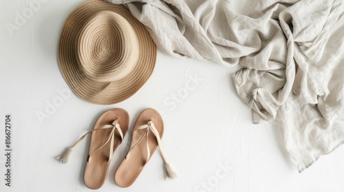 A stylish hat and scarf lay beside a pair of flip flops and a palm leaf on a wooden bed. The circle shape of the hat adds a fashionable touch to the peachcolored room AIG50