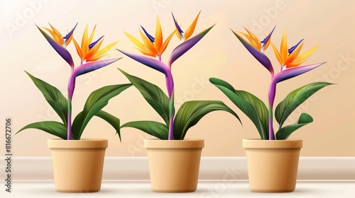 This is a realistic modern illustration of a neon bird of paradise or crane flower in a ceramic pot for interior decoration. An exotic flower with orange and purple petals in a ceramic pot for