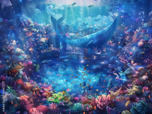Craft a mesmerizing aerial view of an enchanted underwater symphony Vividly render coral reefs as grand concert halls