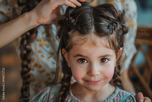 Mother does hair braid to her daughter, close up photo