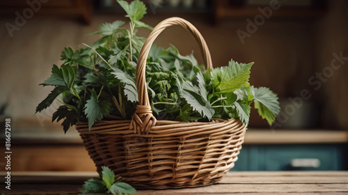 Freshly harvested nettles on the rustic wooden table, healthy countryside lifestyle concept.