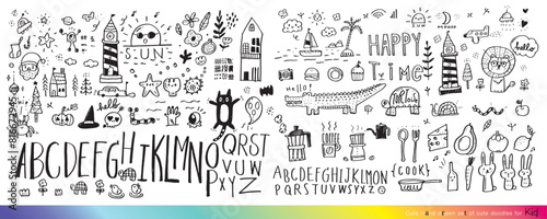 Collection of hand drawn cute doodles,Doodle children drawing,Sketch set of drawings in child style,Funny Doodle Hand Drawn,Page for coloring, cute animal hand drawn