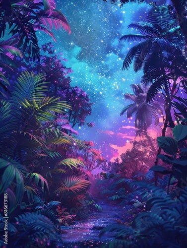 Immerse in a fluorescent forest where neon ferns glow