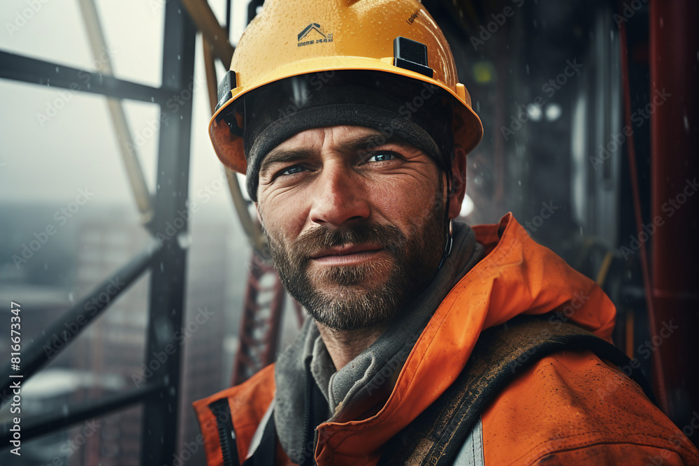 Fototapeta premium Generative AI picture Portrait of construction worker wearing a protective safety uniform clothes helmet at big building