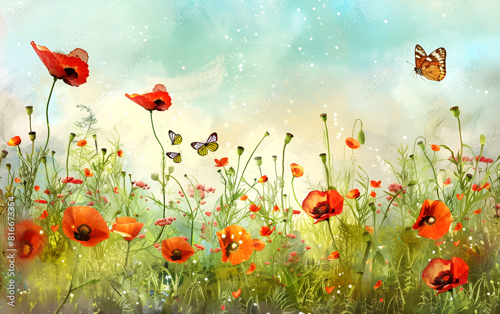 Obraz premium Red poppies isolated on blue background. blossoming poppy flower meadow. Red poppies isolated on blue background. 