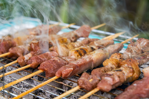 Outdoor portable disposable barbecue grill lamb kebabs