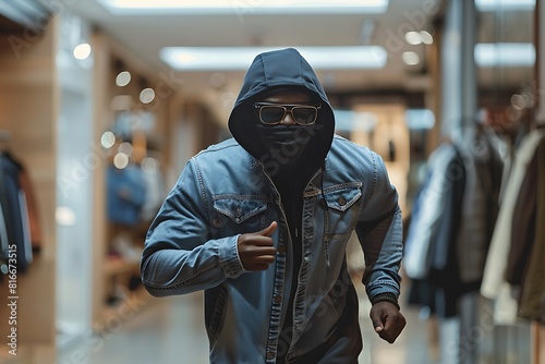 African american man thief stealing shirt and running from modern boutique. Thief wearing hood and sunglasses not to be recognized by store workers in shopping centre. Burglary concept photo
