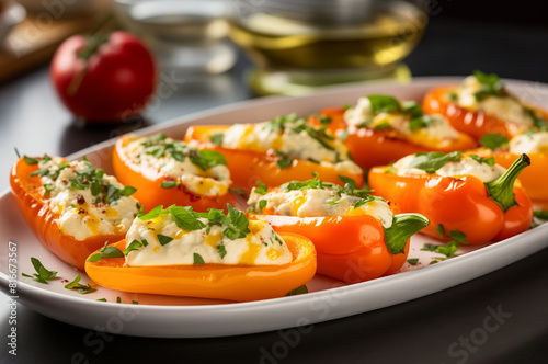 Close-up of stuffed orange and yellow mini bell peppers with cream cheese filling, garnished with herbs on white plate. Perfect healthy appetizer. © Iryna