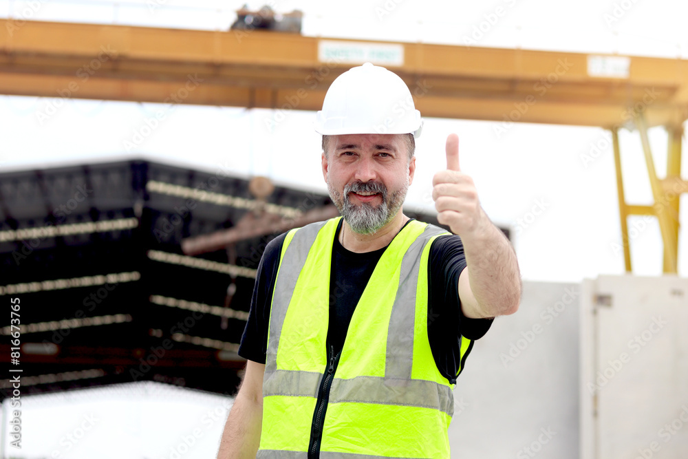 Portrait of happy smiling senior worker engineer foreman with safety vest and helmet giving thumb up at construction site. Elderly architect working at ground level of building site workplace. Portrait of happy smiling senior worker engineer foreman with safety vest and helmet giving thumb up at construction site. Elderly architect working at ground level of building site workplace.