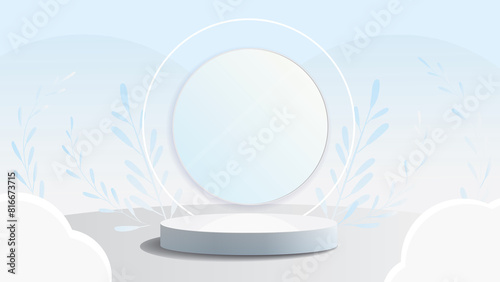 White stand with light rim on a light blue background mock up podium for product presentation 2d  illustration