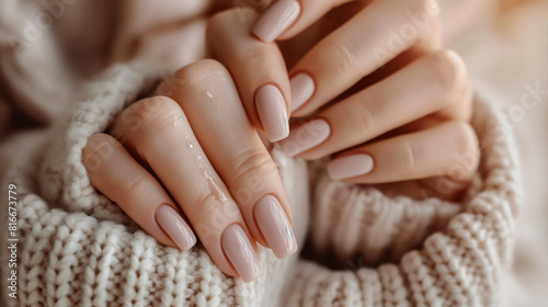 Closeup to woman hands with elegant neutral colors manicure. Female hands with a neat white manicure on a beige background
