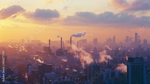 A bustling cityscape with visible air pollution  smokestacks emitting fumes  emphasizing urban environmental challenges and the need for cleaner air solutions