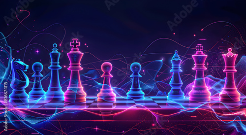 Wallpaper chess pieces on a board in neon colors.