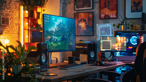 A stock photo of a highend digital marketing agencys workspace, with dual monitors, creative posters, and a vibrant atmosphere