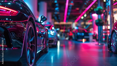 A stock photo of a luxury car dealership with neon highlights, showcasing highperformance vehicles in style photo