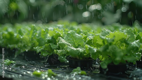 Green salad or seedlings in pots during watering or rain. Generative AI © masharinkaphotos