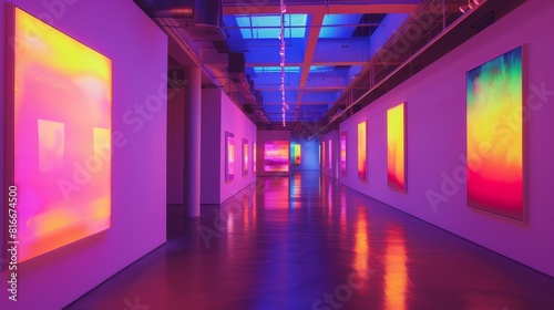neon style art gallery with vibrant light installations and modern artwork