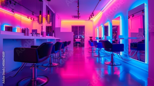 neonlit hair salon  with vibrant lighting that adds a modern twist to hairstyling