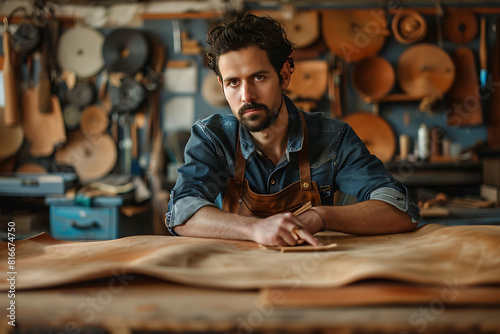 Man in a studio creates leather ware