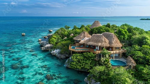 A photograph of a luxury eco-resort on a private island, with thatched-roof villas peeking   photo